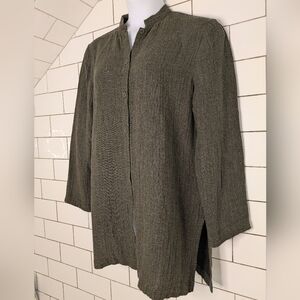 Eileen Fisher LG Linen Blend Olive Brown Mandarin Collar Button Down Shirt